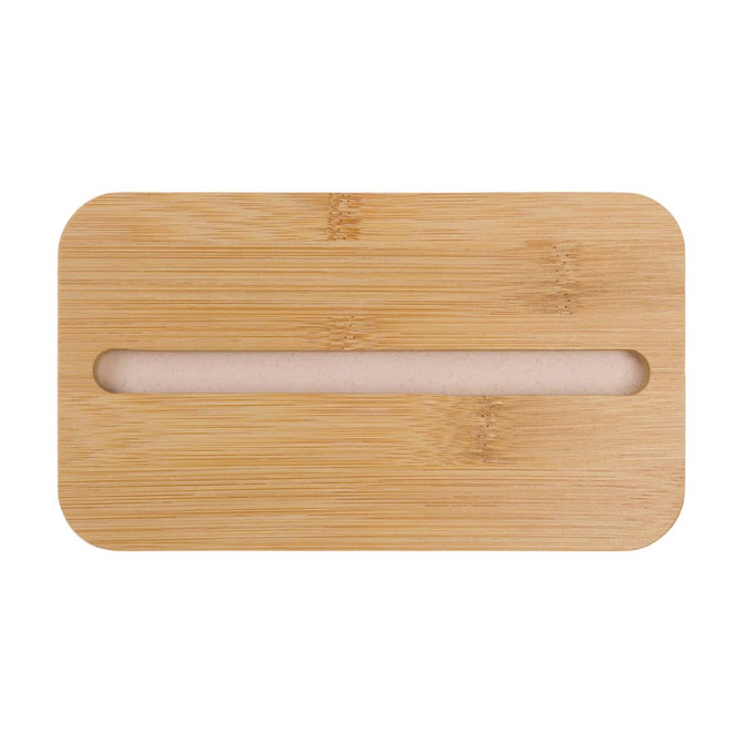 A bamboo lunch box lid featuring a phone holder slot. The lid has a smooth, natural finish.
