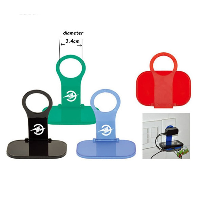 A set of mobile stands in green, blue, black, and red colours, featuring a logo and varying designs.