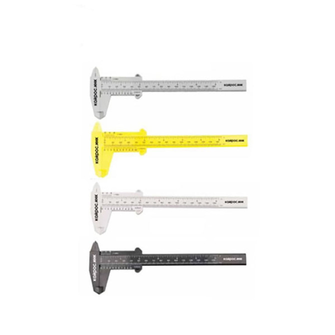 A vernier caliper in four colours: grey, yellow, white, and black, featuring a logo on each.