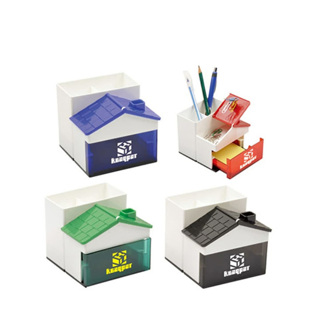 A pen holder and memo holder with clips in blue, green, red, and black, featuring a house design and a logo.