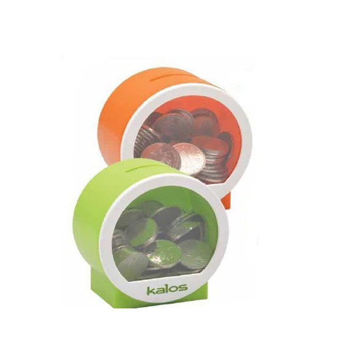 A green and an orange coin bank, both round with transparent sections showing coins inside. Each features a logo.