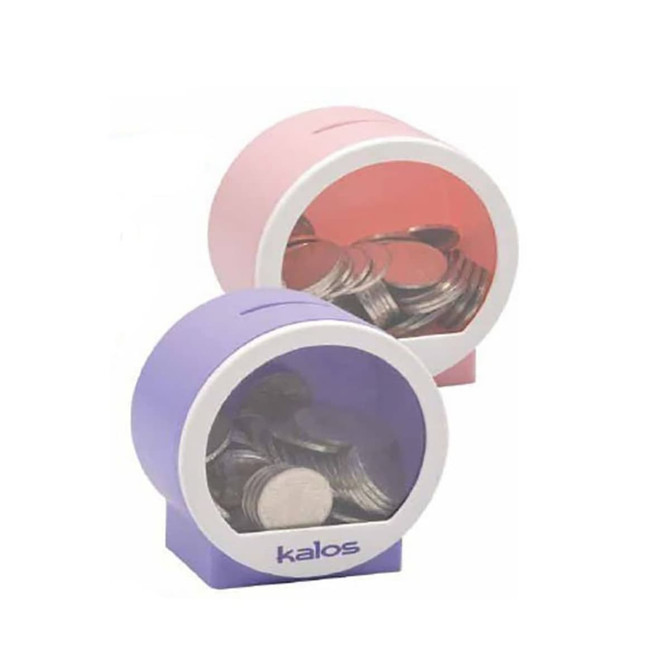 A pink and a purple coin bank, both with transparent sections displaying coins inside. Each bank features a logo.