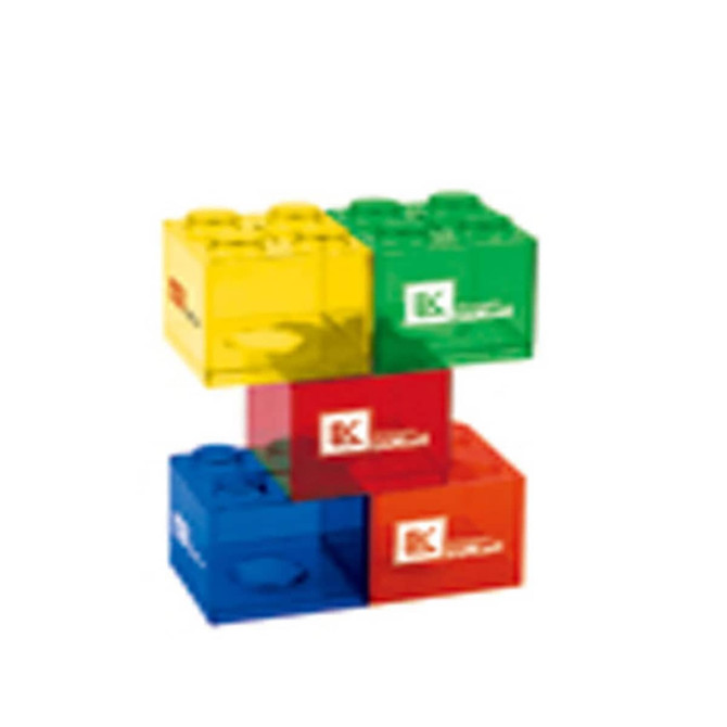 A stack of colourful transparent money boxes in yellow, green, red, and orange, featuring a logo on each box.