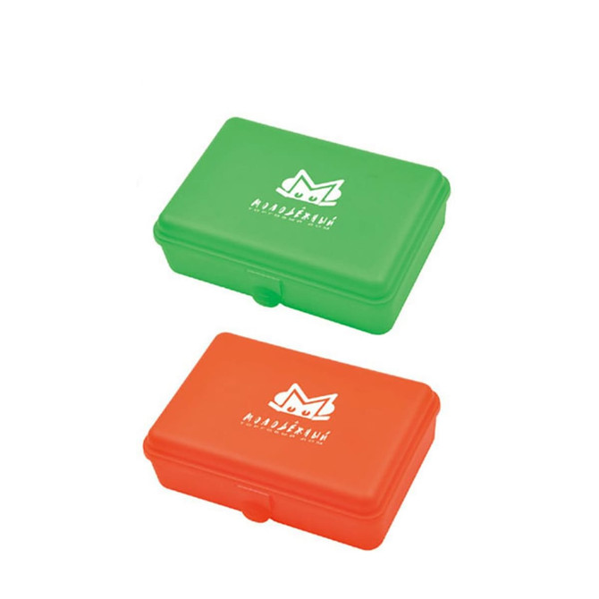 A green and orange three-part lunch box with a logo on the lid. It features a secure closure and compartments.