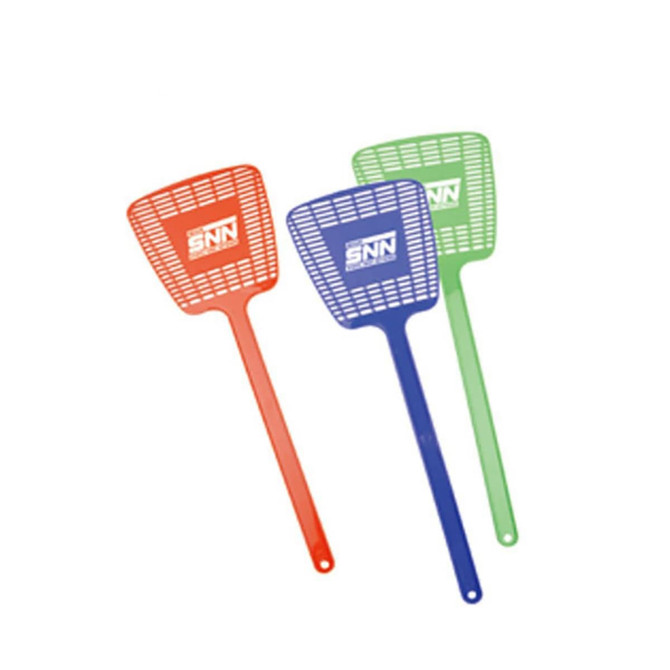 A set of three plastic swatters in red, blue, and green, featuring a logo on each.