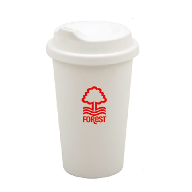 A white coffee cup with a lid and a logo featuring a tree design in red.