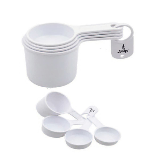 A set of white measuring scoops in various sizes, featuring a handle and a logo on one piece.