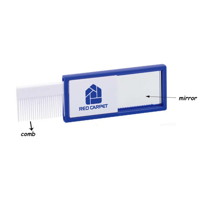 A blue comb with a mirror attached, featuring a logo on one side.