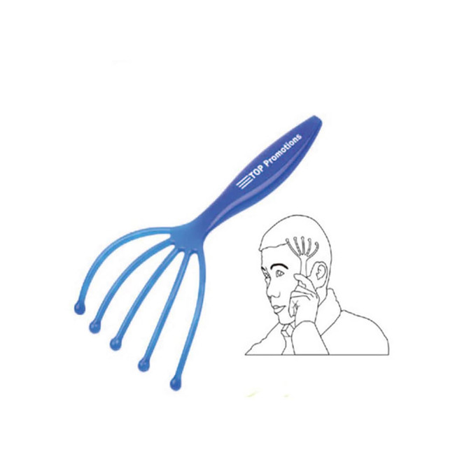 A blue head massager with five prongs, designed for personal care and relaxation. It features a logo on the handle.