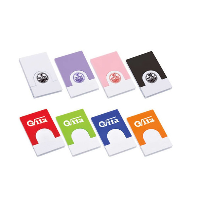 A collection of mobile holders in various colours: purple, pink, black, red, green, blue, and orange, with logos.