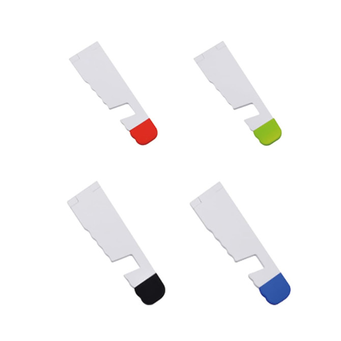 Four phone stands in white with coloured accents: red, green, black, and blue. Each has a unique shape and a logo.