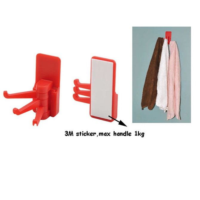 A red Handy Hook with a 3M sticker, featuring multiple hooks for hanging items, shown with towels.