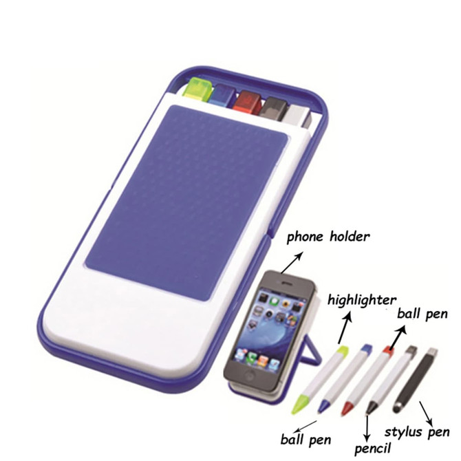A mobile holder in purple and white, with a pen set including a highlighter, ball pen, pencil, and stylus.