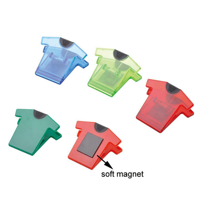 A set of five clip-shaped magnets in green, blue, and red colours, featuring a soft magnet on the back.