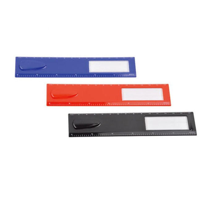 A set of three rulers in blue, red, and black, each featuring a magnifying section and a bookmark.