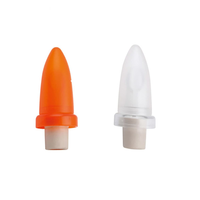 A pair of wine stoppers, one orange and one clear, designed for sealing bottles. Each has a plastic base.