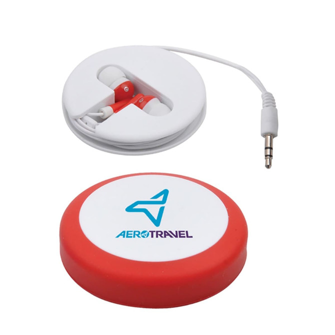 Earbuds in a compact white and red case, featuring a logo on the lid and a tangled cord inside.
