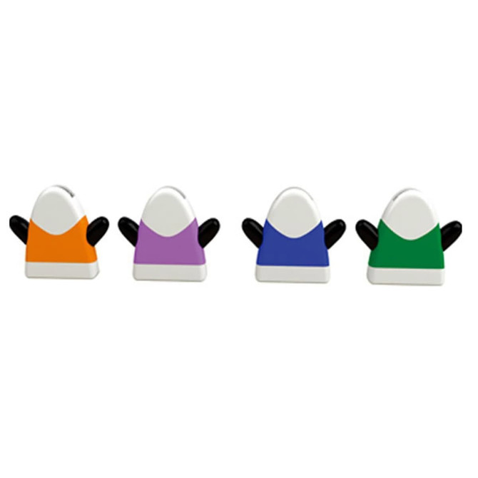 A set of four computer brushes in orange, purple, blue, and green, each with black stylus tips.