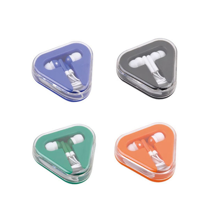 Earbuds in cases featuring purple, black, green, and orange colours, each with a clear plastic cover.