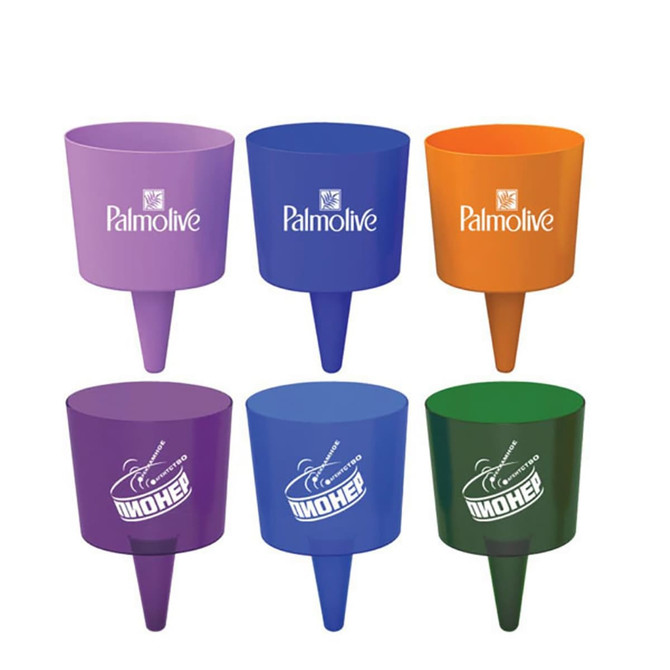 A set of six plastic cups in purple, blue, orange, green, and dark purple, with logos on some cups.