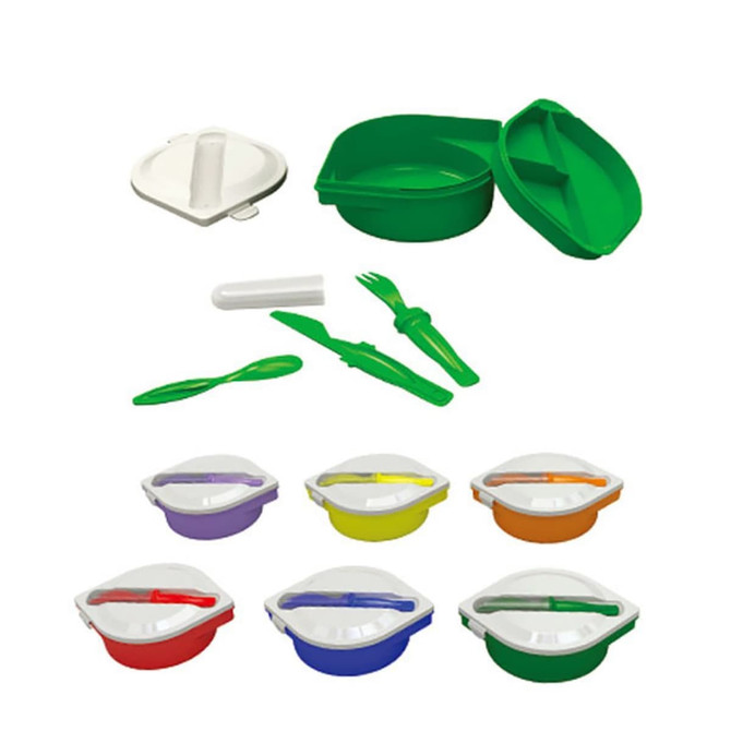 A green lunch box set featuring cutlery, with additional containers in purple, yellow, and orange. Each has a clear lid and a logo.