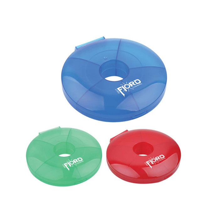 Three circular pill boxes in blue, green, and red, each featuring a logo. They are transparent with a hollow centre.