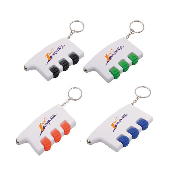 A multi-coloured keychain massager with four buttons, featuring a logo on a white background.