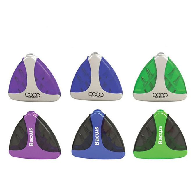 A set of six triangular tool sets in purple, blue, green, and grey, featuring various tools with a logo.