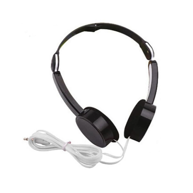 A pair of black foldable headphones with a white audio cable, featuring a minimalist design and a logo.