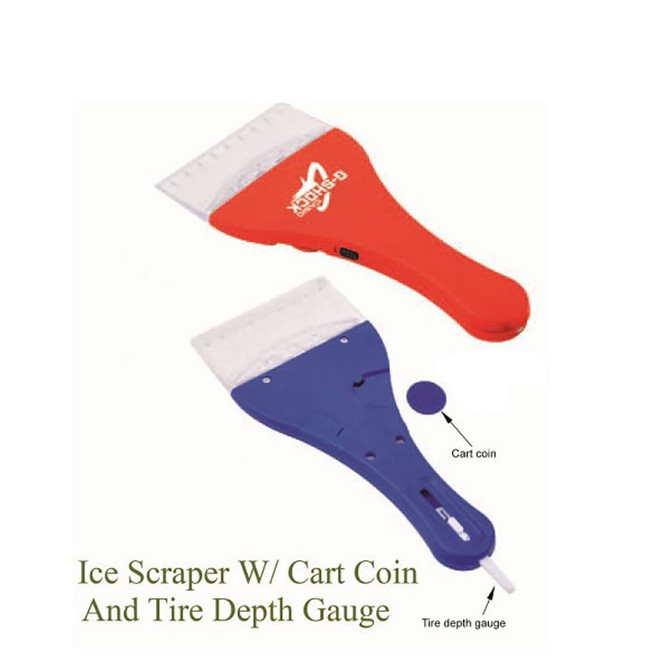 A red and blue ice scraper with a cart coin and tyre depth gauge, featuring a logo on the handle.