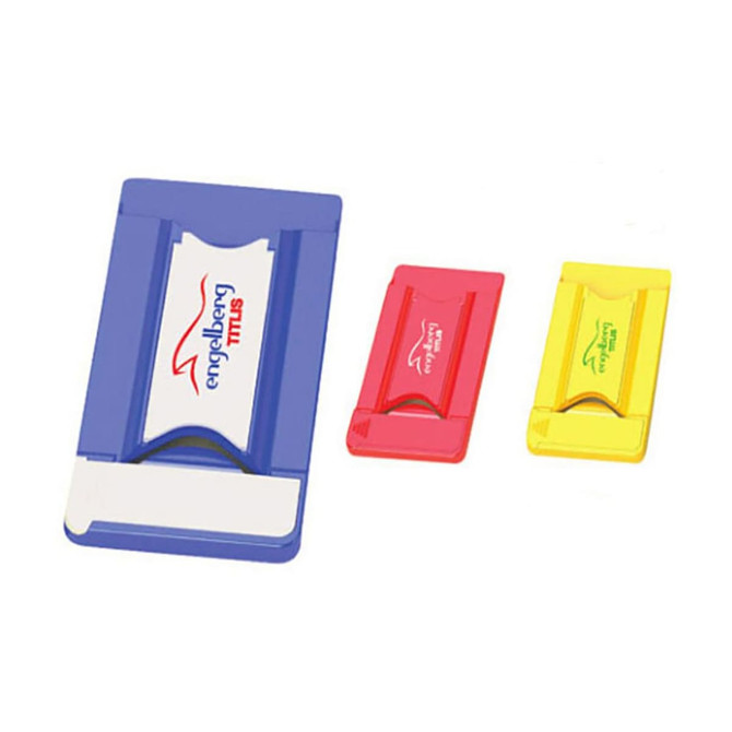 A set of three brightly coloured card holders in blue, red, and yellow, featuring a logo on the front.