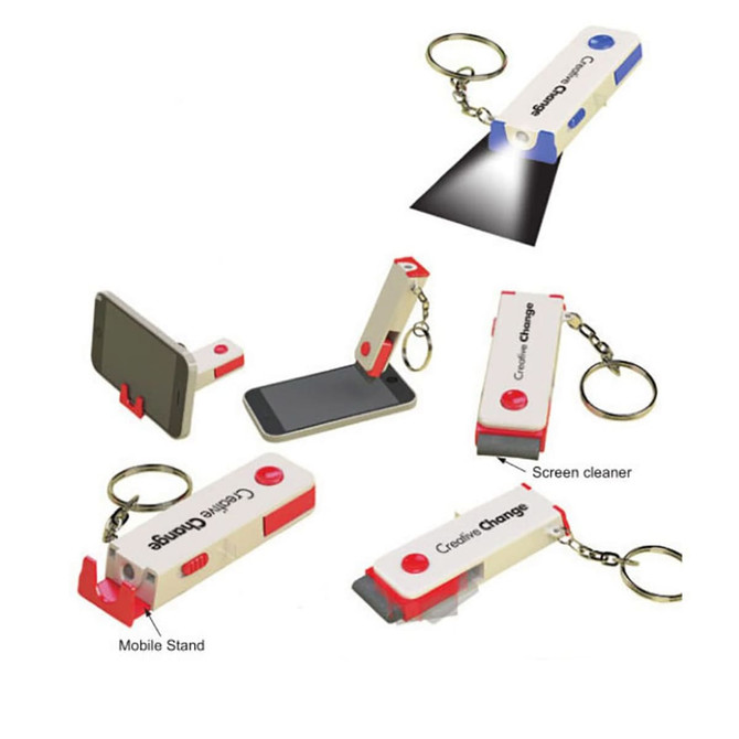 A mobile stand with light in red and white, featuring a built-in screen cleaner and keychain attachment.