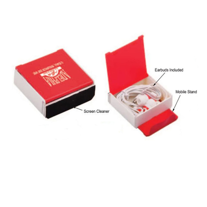 A red case containing white earbuds, a screen cleaner, and a mobile stand. The case features branding.