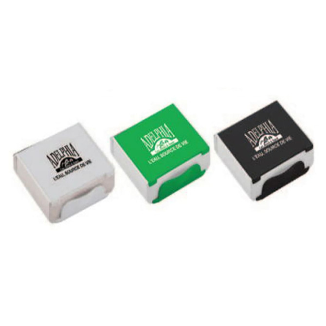 Three small cases in silver, green, and black, each containing a pair of earbuds. Each case features a logo.