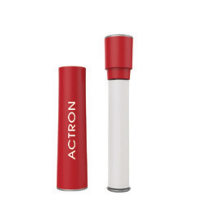 A red and white lint brush with a cylindrical design, featuring a logo on the red casing.