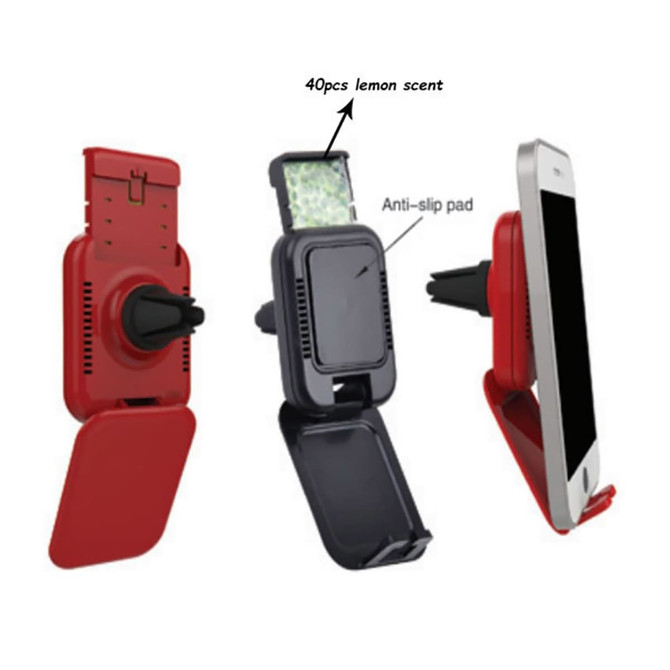 A red and black mobile holder with air freshener, featuring an anti-slip pad and space for a lemon-scented insert.
