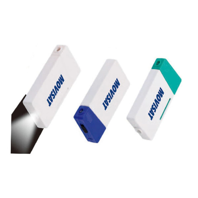 A tool set with light features three compact tools in white, blue, and green, each with a logo.