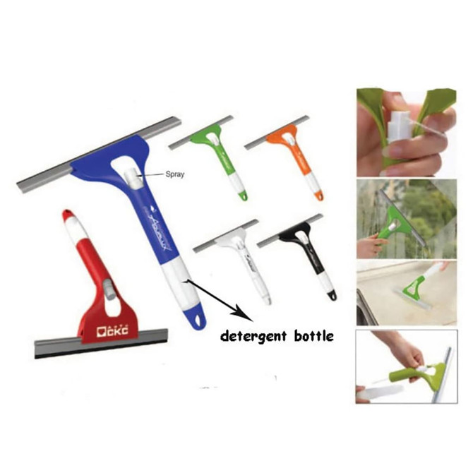 A tool set featuring various squeegees in red, blue, orange, and green with different designs and a detergent bottle.