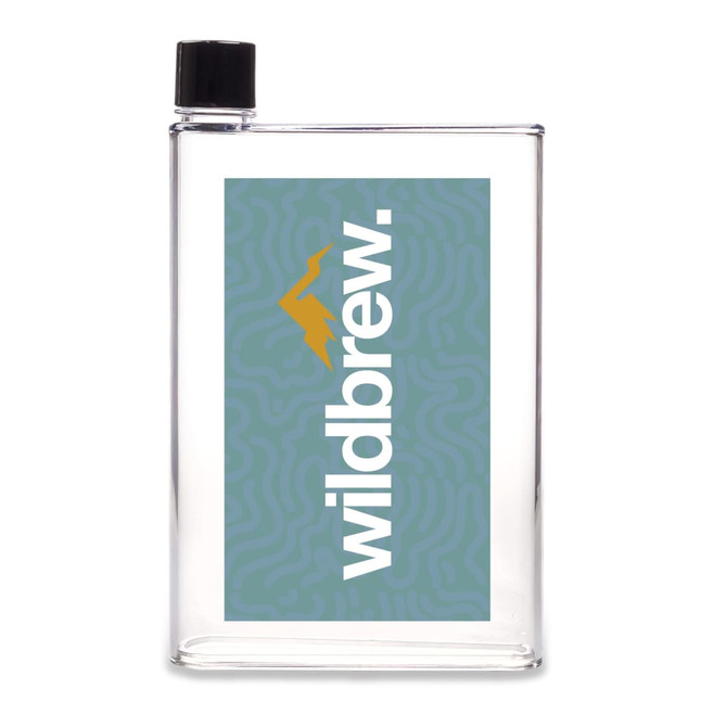 A drink bottle with a clear design, featuring a teal label and a black screw cap. Includes a logo.