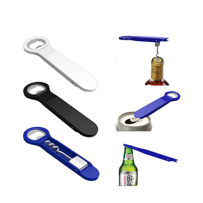 A drink bottle opener in three colours: white, black, and blue, featuring a logo on the design.