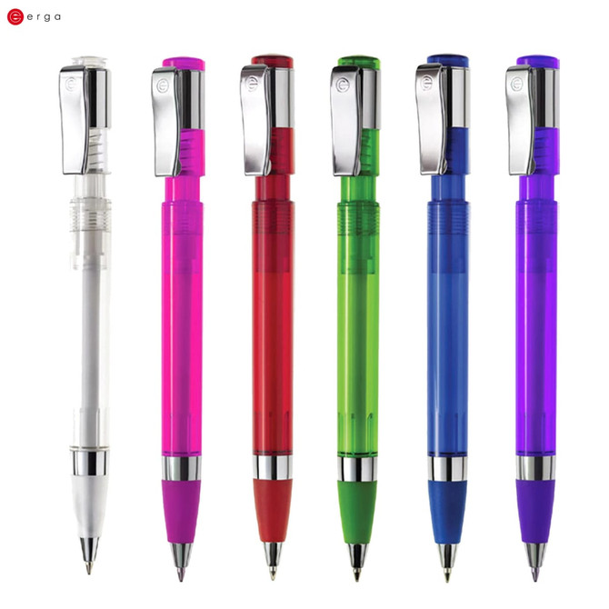 A group of E-Pens in various colours: clear, pink, red, green, blue, and purple, each featuring a clip.