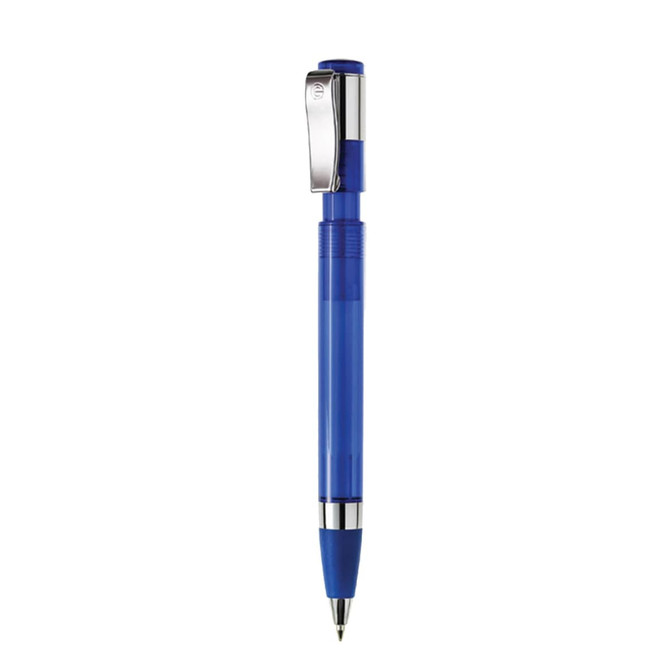 A blue plastic pen with a chrome clip and grip, featuring a sleek design. It has a branding logo on the barrel.
