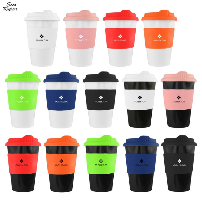 A collection of reusable coffee cups in various colours, featuring different lid styles and a logo on each cup.