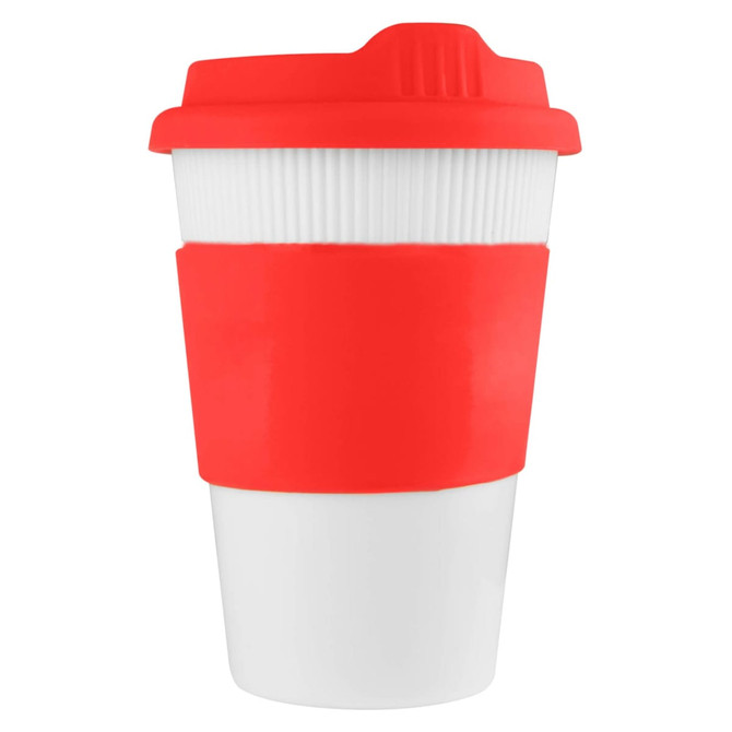 A drink bottle with a white body and a bright red lid and silicone sleeve, featuring a logo.