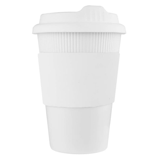 A white reusable coffee cup with a ribbed sleeve and lid, featuring a logo.