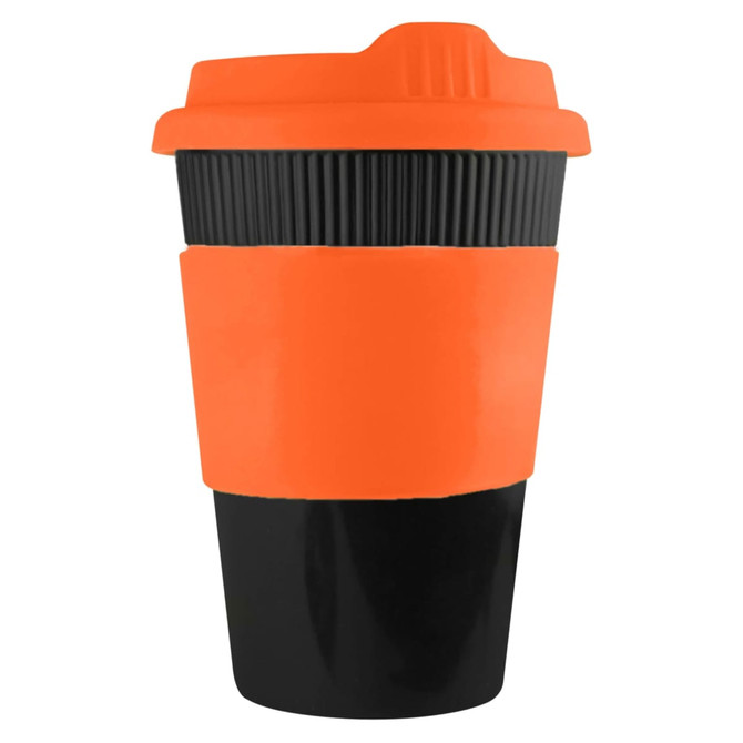 A drink bottle featuring a black and orange design, with a ribbed sleeve and a lid. It has a logo.