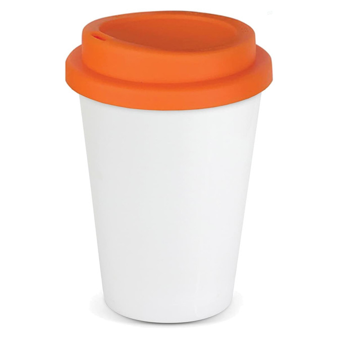 A drink bottle featuring a white body and an orange lid, designed as a reusable coffee cup.