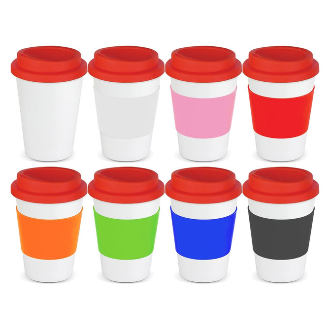 A drink cup collection featuring eight reusable coffee cups in various colours with red lids and silicone sleeves.