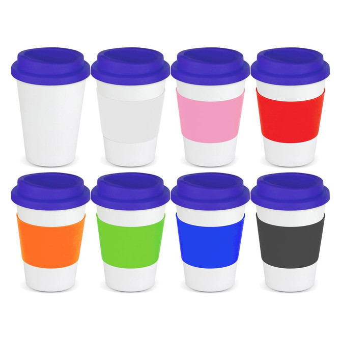 A drink bottle set featuring eight reusable coffee cups in white, pink, red, orange, green, blue, purple, and black with blue lids.