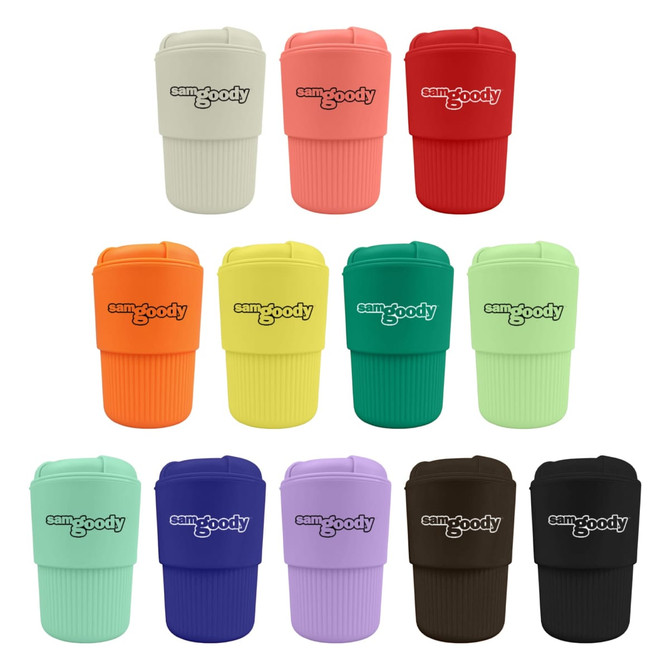 A drink bottle collection featuring reusable coffee cups in various colours, each with a logo.